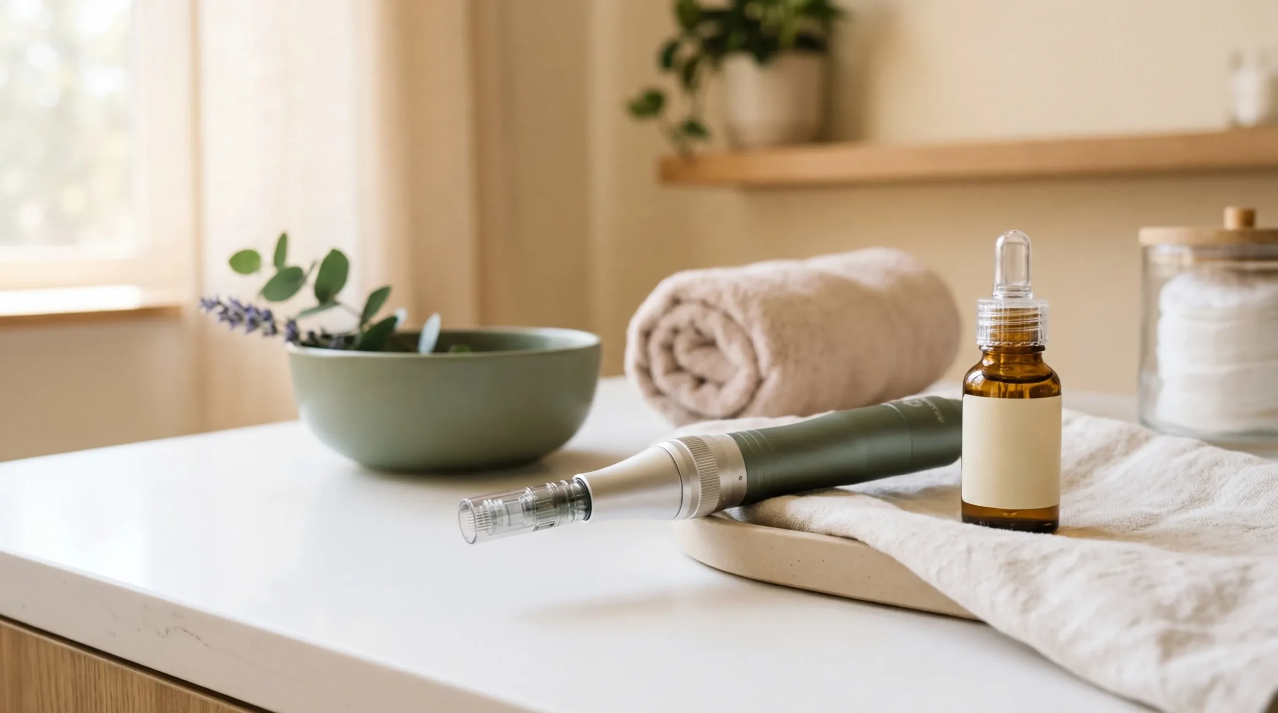 Urządzenie do mezoterapii mikroiglowej obok fiolki z serum — zabiegi gabinetowe anti-aging