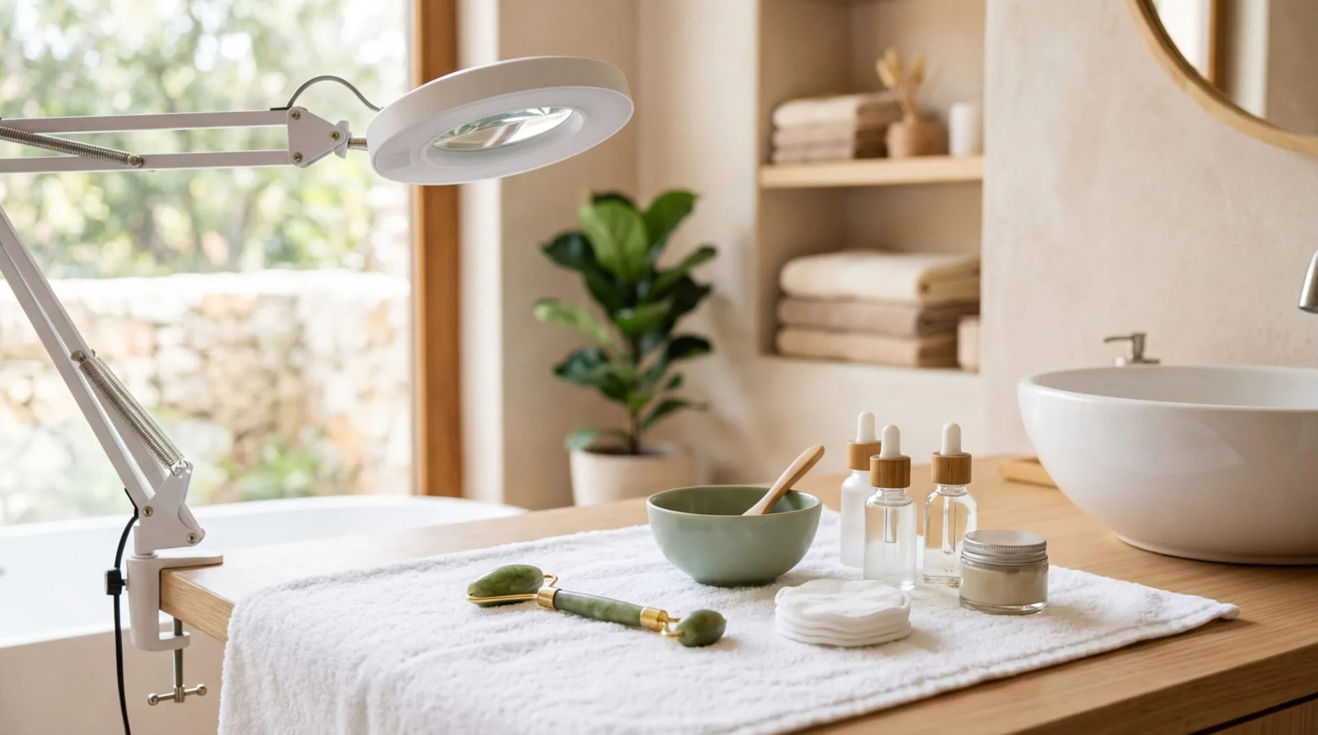 Stanowisko kosmetologiczne przygotowane do zabiegu — lampa powiększająca, serum, ręcznik