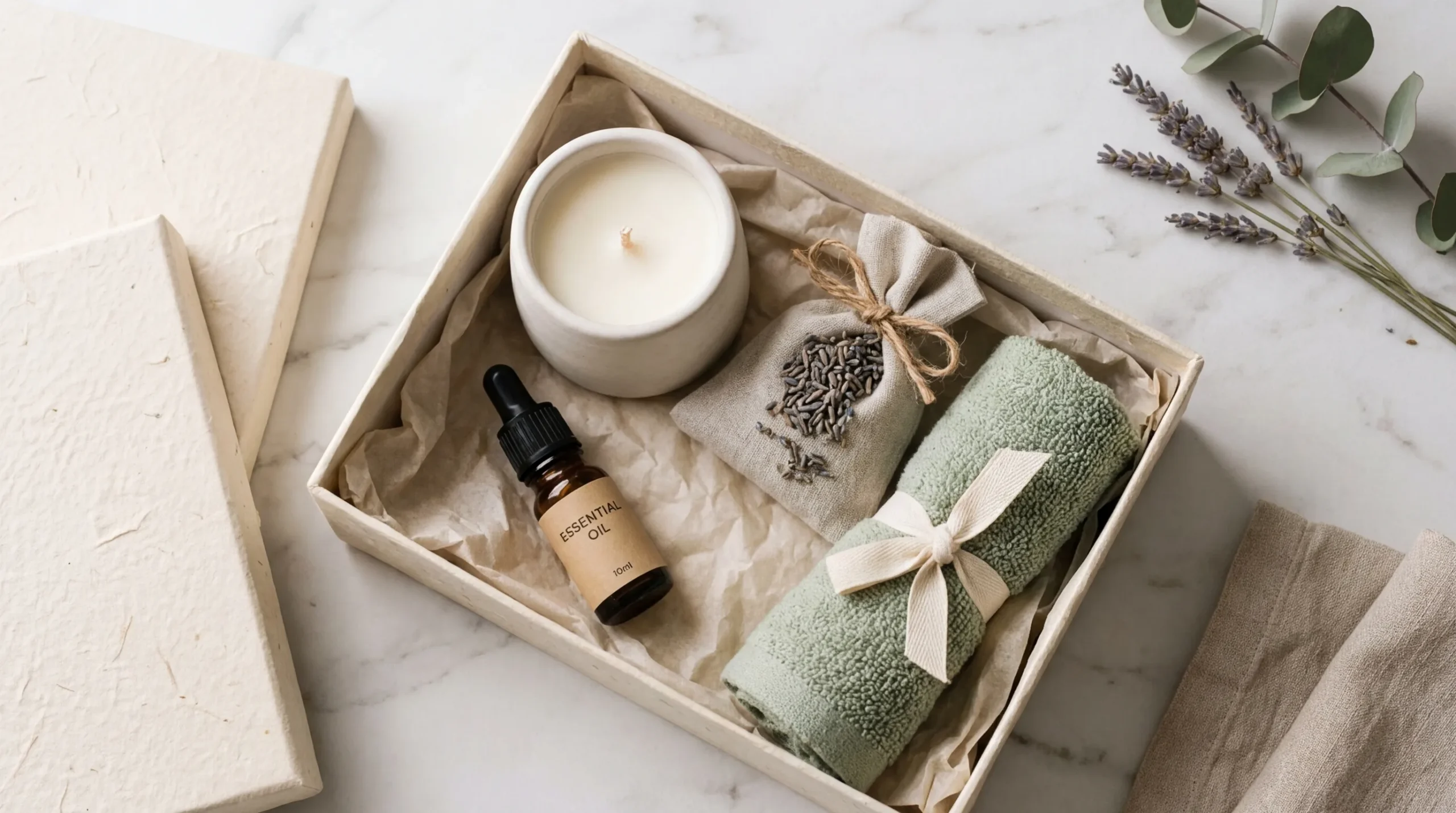Zestaw prezentowy spa — świeczka aromaterapeutyczna, olejek eteryczny, lawenda i ręcznik w eleganckim pudełku