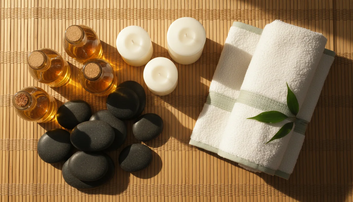 Kompozycja spa — olejki, kamienie, świece