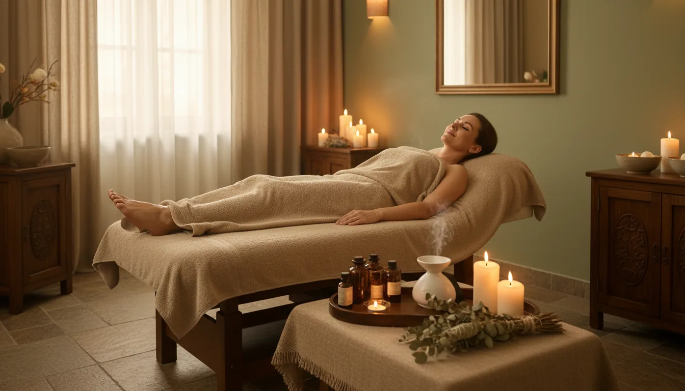 Relaksująca kompozycja spa — świece i ręczniki
